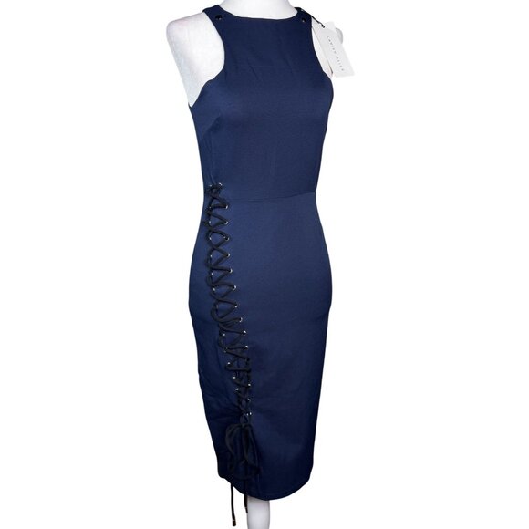NWT Lavish Alice Womens Dress Size 8 Navy Sleeveless Bodycon Midi Dress Lace-Up - Picture 2 of 12